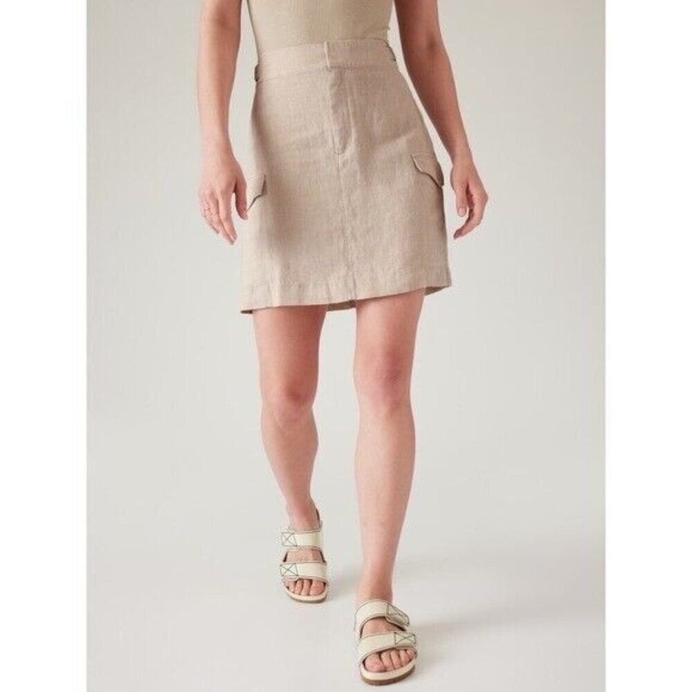 Athleta 8 Beige Linen Voyager Skirt Essential Cargo Pocket Mini Length GUC